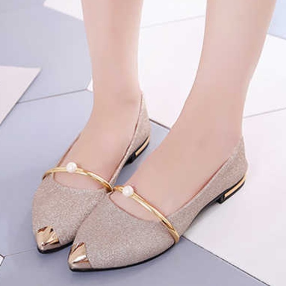 Shishang Shoes - Shishang Sparkley Gold & Pearl Pointed Toe Flats